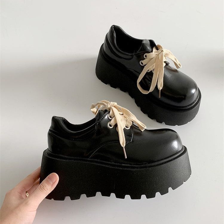 Retro British Matte Black Thick Sole Increased By Lace-up Leather Shoes