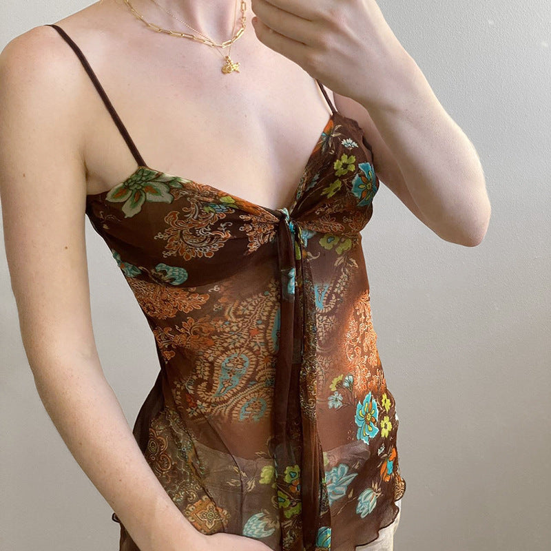 European And American Retro Printing Color Contrast V-neck Small Sling Women's Spring