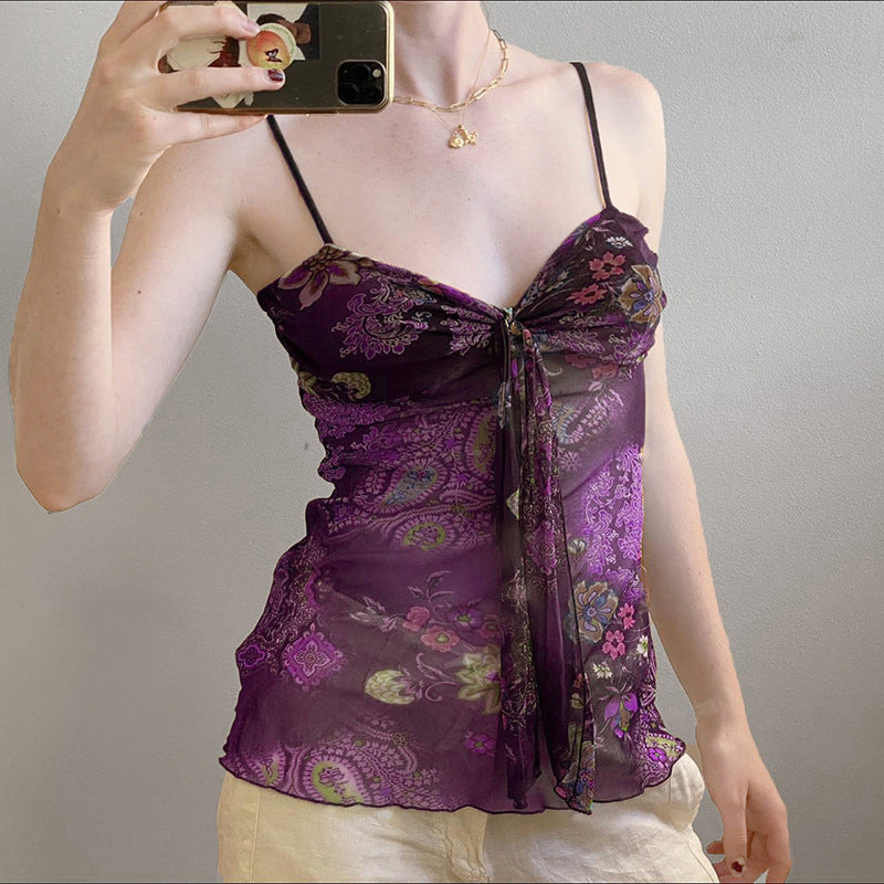 European And American Retro Printing Color Contrast V-neck Small Sling Women's Spring